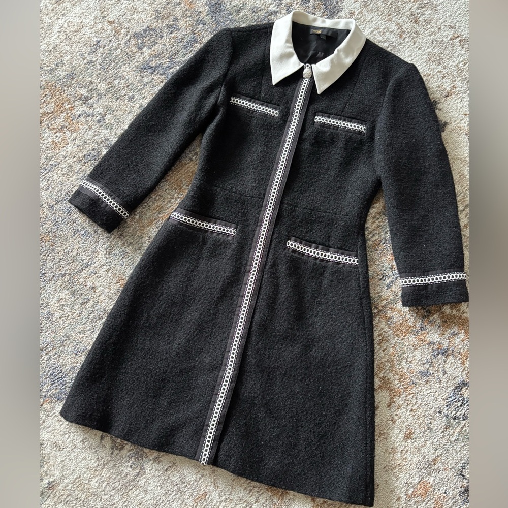 Maje Tweed Mid-Sleeve Dress with Braided Trim